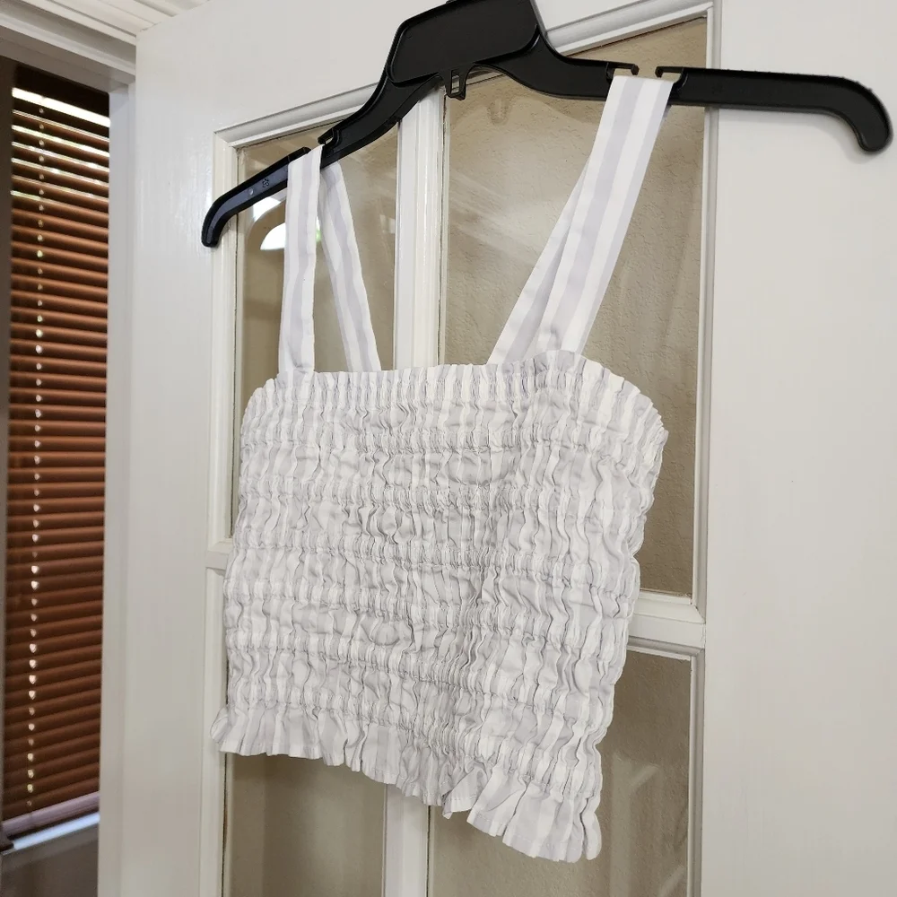 J.Crew White Gray Stripe Smocked Crop Top XS Cotton Tank BI479